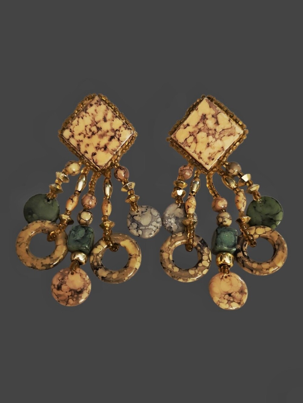 VTG CHIPITA 1980s Artisan Tile Beaded Dangle Post Festival Earrings